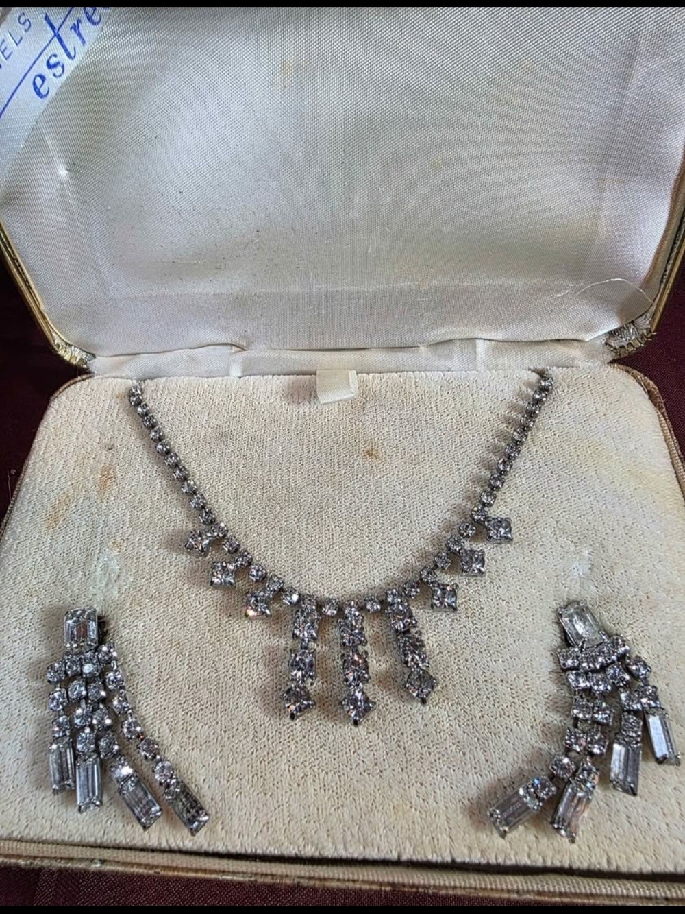Vintage Silver Tone Rhinestone Earrings & Necklace